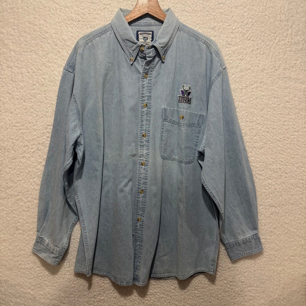 Vintage NWT Lee Sport Milwaukee Bucks Denim Button Up Shirt Mens XL NBA‎ - New